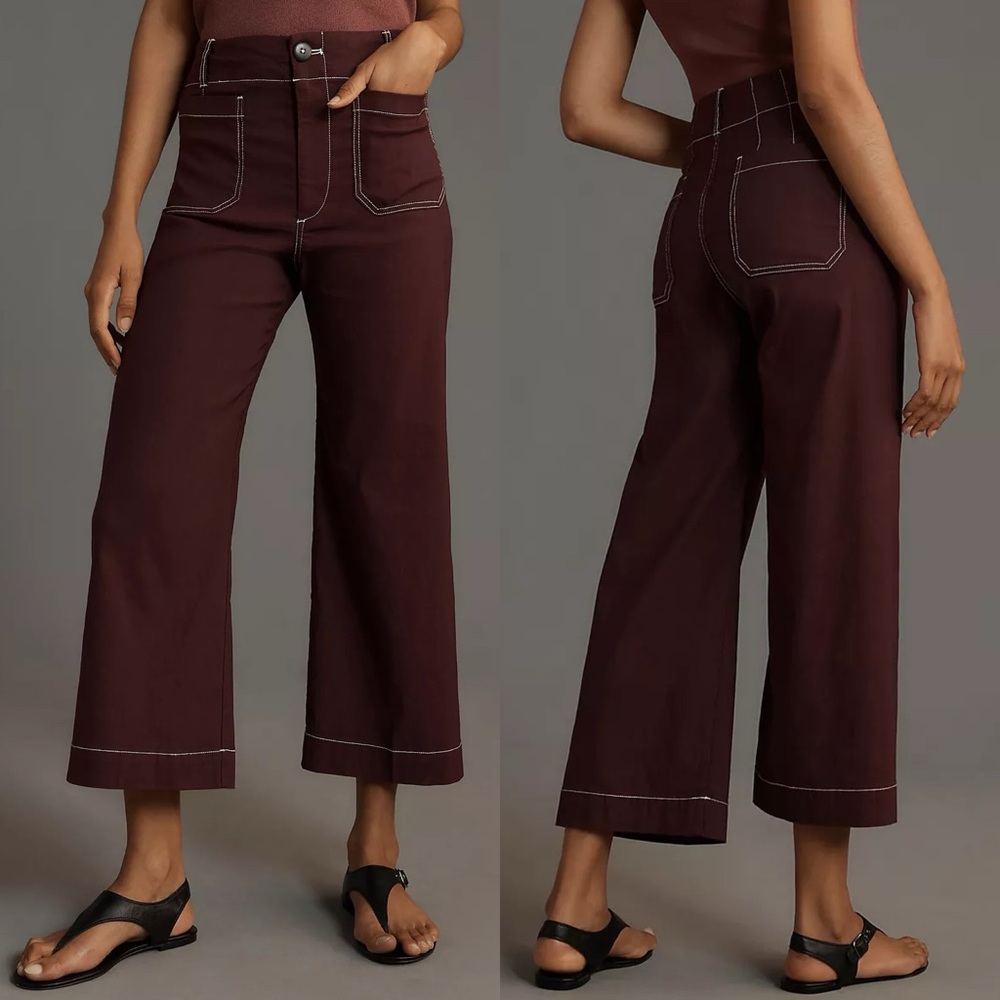 Anthropologie Maeve Colette Crop Wide Leg Contrast Stitch - Burgundy